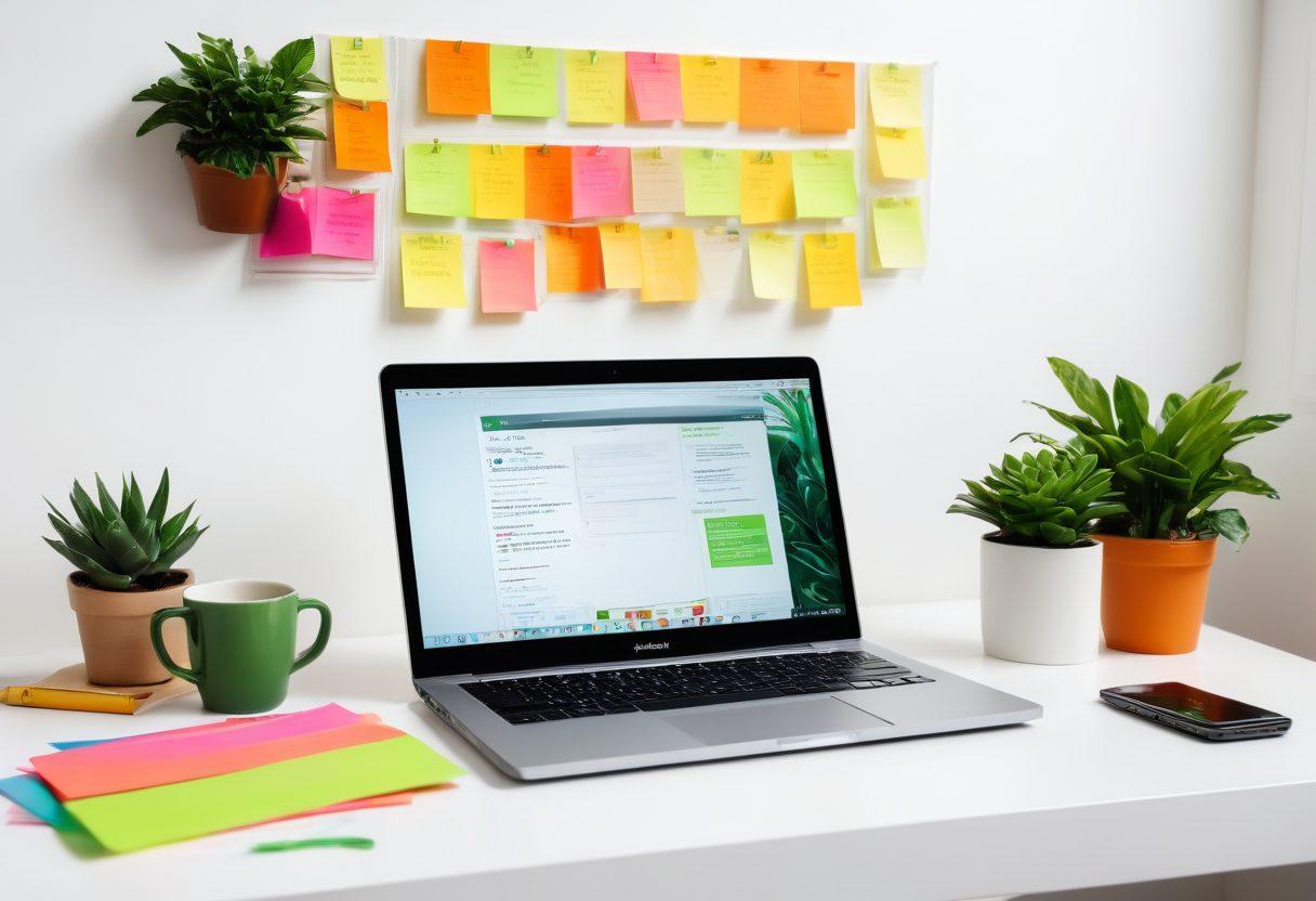 A modern workspace with a laptop open showing a blog dashboard, surrounded by colorful sticky notes and motivational quotes on the wall. A steaming cup of coffee and a vibrant plant add life to the scene, symbolizing creativity and productivity. The atmosphere is bright and inspiring, representing the journey from life hacks to lifestyle blogging. super-realistic. vibrant colors. white background.