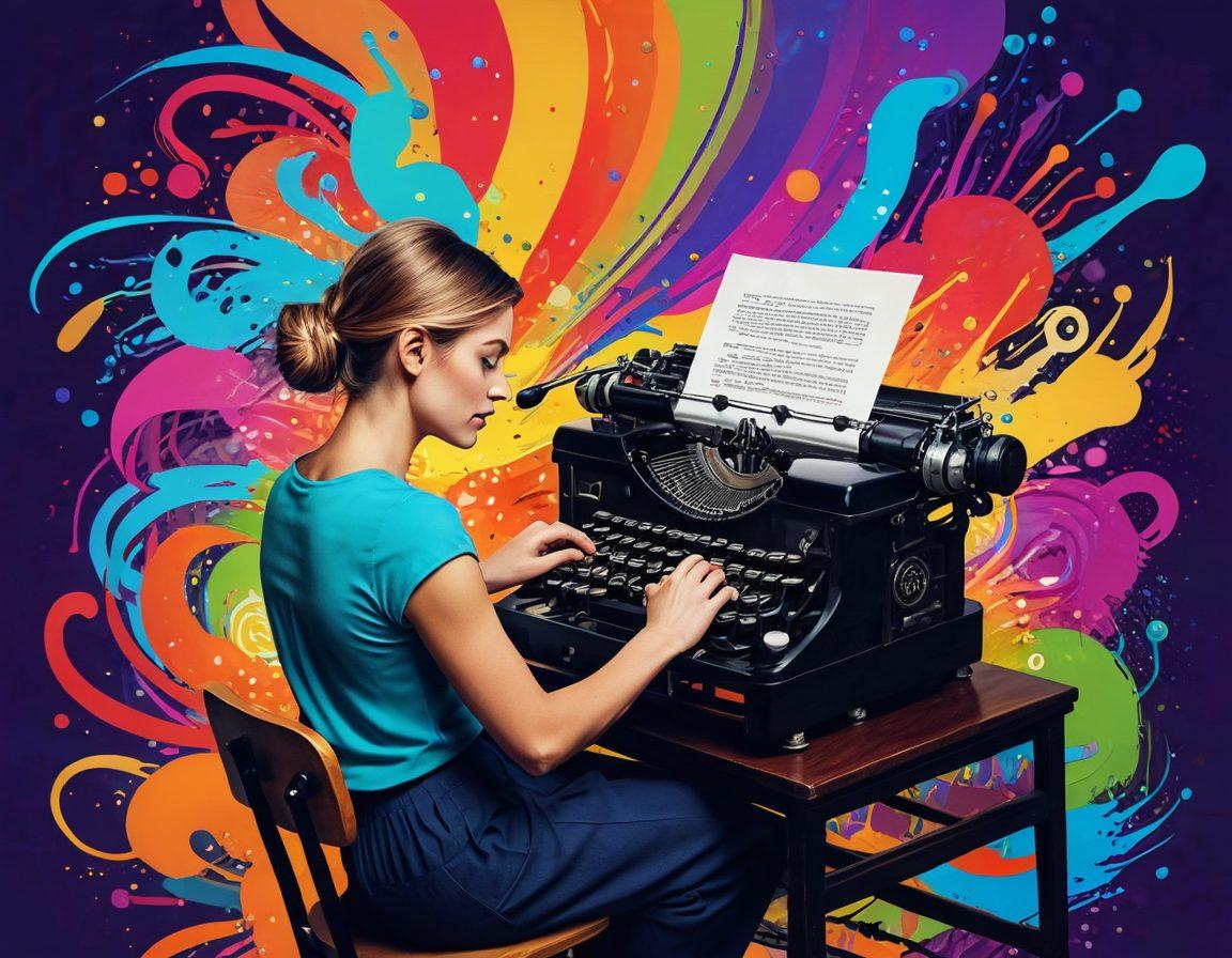 A vibrant scene depicting a person joyfully typing on a vintage typewriter, with colorful swirls of creativity emerging around them, blending symbols of blogging like a laptop, light bulbs, and paintbrushes. The background should be filled with abstract art and inspirational quotes floating in the air, capturing the essence of creative expression. super-realistic. vibrant colors. digital art.