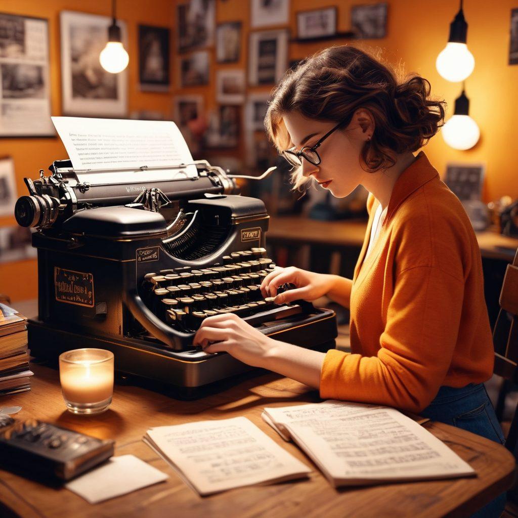 A colorful and dynamic collage showcasing various forms of content creation, including a writer at a vintage typewriter, a digital artist with a tablet, and a podcaster recording in a lively studio. Surround them with inspirational quotes floating in the air, bright lightbulbs symbolizing ideas, and vibrant colors to evoke creativity. The background should show blurred silhouettes of an engaged audience. super-realistic. vibrant colors. artistic collage.